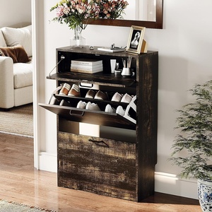 image:imageVINGLI Shoe Cabinet for Entryway Farmhouse Slim Shoe Rack Storage with 3 Flip Drawers Rustic Brown Top amp Washed White Body Narrow Hidden Shoe Organizer for Hallway 95 DepthDark Rustic Oak