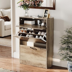 image:imageVINGLI Shoe Cabinet for Entryway Farmhouse Slim Shoe Rack Storage with 3 Flip Drawers Rustic Brown Top amp Washed White Body Narrow Hidden Shoe Organizer for Hallway 95 DepthWashed Gray
