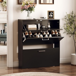 image:imageVINGLI Shoe Cabinet for Entryway Farmhouse Slim Shoe Rack Storage with 3 Flip Drawers Rustic Brown Top amp Washed White Body Narrow Hidden Shoe Organizer for Hallway 95 DepthBlack
