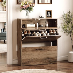 image:imageVINGLI Shoe Cabinet for Entryway Farmhouse Slim Shoe Rack Storage with 3 Flip Drawers Rustic Brown Top amp Washed White Body Narrow Hidden Shoe Organizer for Hallway 95 DepthWashed Grey