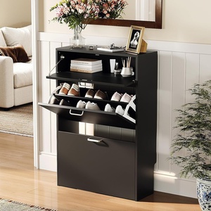 image:imageVINGLI Shoe Cabinet for Entryway Farmhouse Slim Shoe Rack Storage with 3 Flip Drawers Rustic Brown Top amp Washed White Body Narrow Hidden Shoe Organizer for Hallway 95 DepthBlack