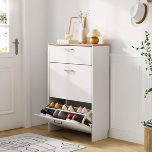 image:imageVINGLI Shoe Cabinet for Entryway Farmhouse Slim Shoe Rack Storage with 3 Flip Drawers Rustic Brown Top amp Washed White Body Narrow Hidden Shoe Organizer for Hallway 95 DepthWhite  Oak