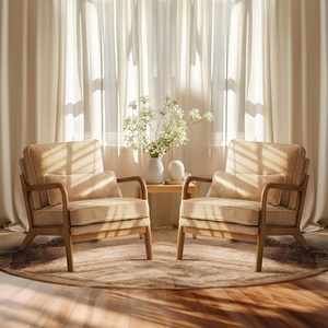 image:imageVINGLI Upgraded Premium Corduroy Accent ChairUpholstered Arm ChairSolid Wood Comfy Reading Chair with Lumbar Pillow Mid Century Modern Chairs for Living RoomBedroomGuest RoomLight GreyKhaki2pcs