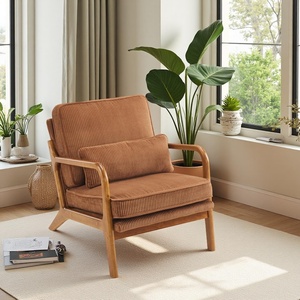 image:imageVINGLI Upgraded Premium Corduroy Accent ChairUpholstered Arm ChairSolid Wood Comfy Reading Chair with Lumbar Pillow Mid Century Modern Chairs for Living RoomBedroomGuest RoomLight GreyBrown1pc