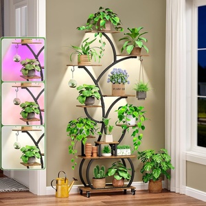 image:imagePlant Stand with Grow Lights 2Pack 61 Tall Indoor Plant Shelf with MultiColor Full Spectrum LED Grow Lights and 360 Lockable Wheels 10Tier TreeShaped Decorative Plant Rack Set of 2 for Living Room Balcony amp Office White and OakBlack