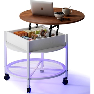 image:imageVINGLI 27 Round Lift Top Coffee Table with Wheels Small Coffee Table with Hidden Compartment amp Storage Shelf amp RGB Lights 2Tier Center Table for Living Room Office Balcony White amp BrownWhite  Brown