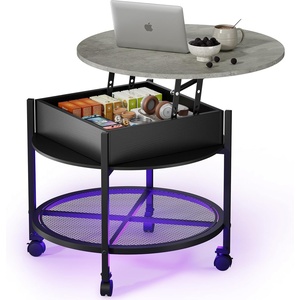 image:imageVINGLI 27 Round Lift Top Coffee Table with Wheels Small Coffee Table with Hidden Compartment amp Storage Shelf amp RGB Lights 2Tier Center Table for Living Room Office Balcony White amp BrownBlack  Grey