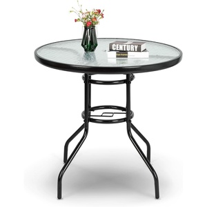 image:imageVINGLI 40 Outdoor Dining Table with Umbrella Hole All Weather Round Patio Table Waterwave Tempered Glass Top and Metal Frame for Garden Porch Balcony YardRound