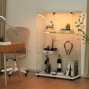 image:imageVINGLI Glass Display Cabinet with 3 Shelves Double Doors and Lock Floor Standing Curio Cabinets with LED Light Upgraded Tempered Glass Bookshelf for Living Room Living Room Bedroom Office BlackWhite
