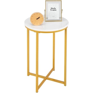 image:imageVINGLI Modern End Table Round Side Table with Golden Metal Frame for Bedroom Living Room Accent Coffee Table Nightstand with Faux Marble Top WhileGold