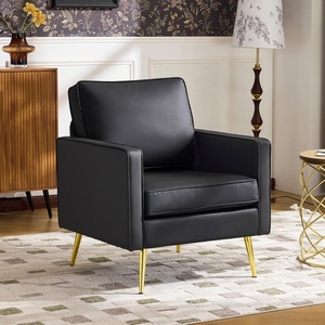 image:imageVINGLI Modern PU Leather Accent Chair Single Sofa Chair with Pocket Coil Seat Metal Backrest amp Solid Wood Frame Upholstered Armchair for Living Room Bedroom or OfficeBlack