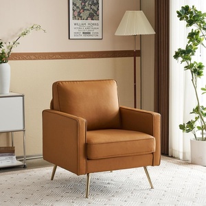 image:imageVINGLI Modern PU Leather Accent Chair Single Sofa Chair with Pocket Coil Seat Metal Backrest amp Solid Wood Frame Upholstered Armchair for Living Room Bedroom or OfficeBrown