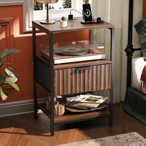 image:imageVINGLI Night Stand with Charging Station amp Led Light 19 W Fluted Nightstand Round Edge Wood Nightstand Mid Century Modern End Table Bed Side Table for Bedroom Living Room Gray OakWalnut