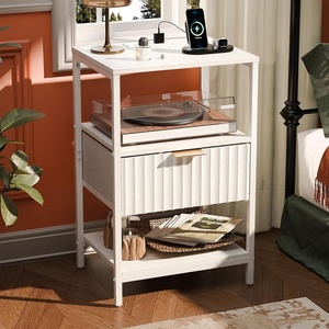 image:imageVINGLI Night Stand with Charging Station amp Led Light 19 W Fluted Nightstand Round Edge Wood Nightstand Mid Century Modern End Table Bed Side Table for Bedroom Living Room Gray OakWhite