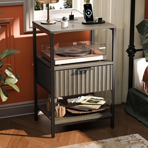 image:imageVINGLI Night Stand with Charging Station amp Led Light 19 W Fluted Nightstand Round Edge Wood Nightstand Mid Century Modern End Table Bed Side Table for Bedroom Living Room Gray OakGrey
