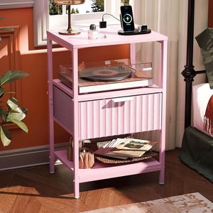 image:imageVINGLI Night Stand with Charging Station amp Led Light 19 W Fluted Nightstand Round Edge Wood Nightstand Mid Century Modern End Table Bed Side Table for Bedroom Living Room Gray OakPink