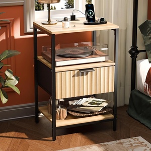 image:imageVINGLI Night Stand with Charging Station amp Led Light 19 W Fluted Nightstand Round Edge Wood Nightstand Mid Century Modern End Table Bed Side Table for Bedroom Living Room Gray OakOak