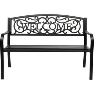 image:imageVINGLI Outdoor Bench with PVC Welcome Back Pattern RustResistant Metal Black Garden Bench Porch Steel Bench for Patio Porch Park Lawn Decor