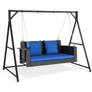 image:imageVINGLI Outdoor Wicker Porch Swing With Stand  Heavy Duty 800 LBS Rattan Hanging Set With Cushions 4FT for Yard Garden Lawn BlackBlack