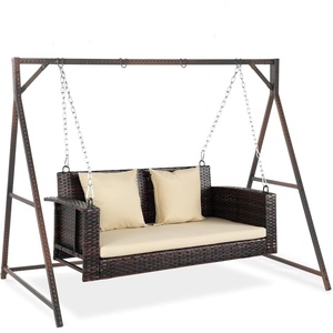 image:imageVINGLI Outdoor Wicker Porch Swing With Stand  Heavy Duty 800 LBS Rattan Hanging Set With Cushions 4FT for Yard Garden Lawn BlackBrown