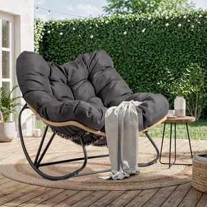 image:imageVINGLI Papasan Rocking Chair Outdoor Patio Rocking Chair with Cushion Comfortable Lounge Chair Weatherproof for Garden Yard OutdoorIndoor BeigeGrey