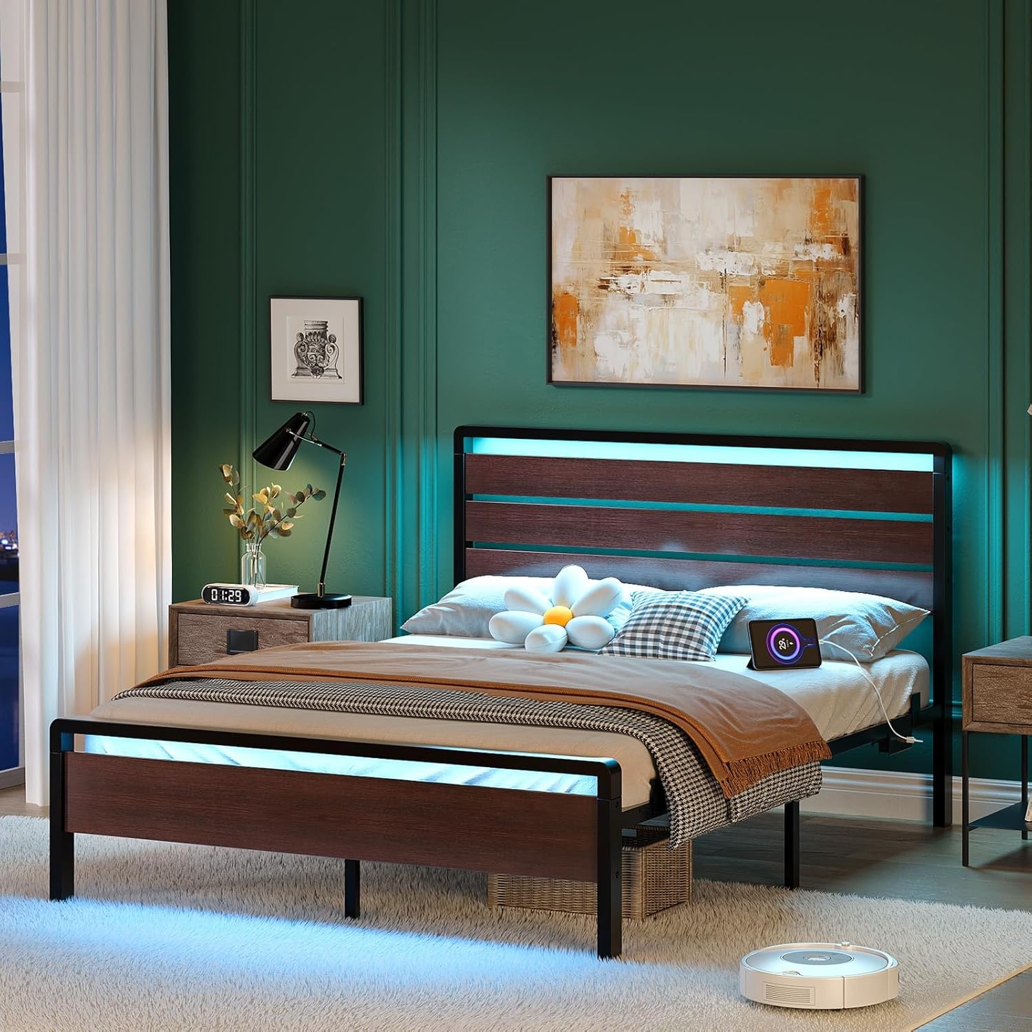 image:imageVINGLI Queen Platform Bed Frame with Wood Headboard amp Footboard 12Inch UnderBed Storage Space LED 2 AC 2 USB 1 TypeC Charging Port Sturdy Metal NoiseFree Design Modern Apartment BedroomBlackMahogany Brown