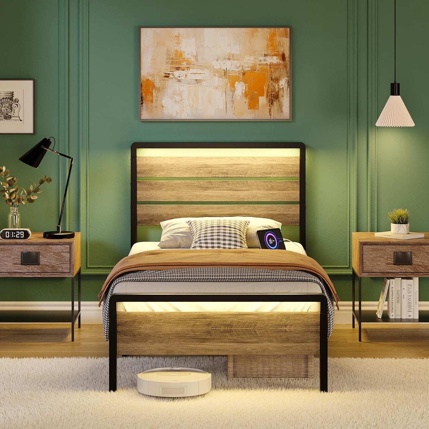 image:imageVINGLI Queen Platform Bed Frame with Wood Headboard amp Footboard 12Inch UnderBed Storage Space LED 2 AC 2 USB 1 TypeC Charging Port Sturdy Metal NoiseFree Design Modern Apartment BedroomBlackWash Gray