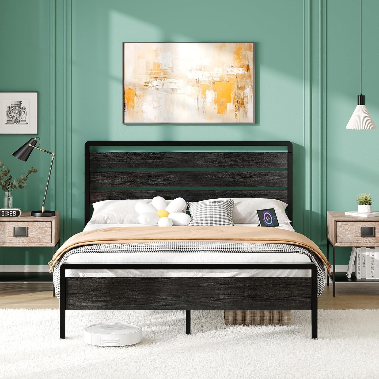 image:imageVINGLI Queen Platform Bed Frame with Wood Headboard amp Footboard 12Inch UnderBed Storage Space LED 2 AC 2 USB 1 TypeC Charging Port Sturdy Metal NoiseFree Design Modern Apartment BedroomBlackClassic Black