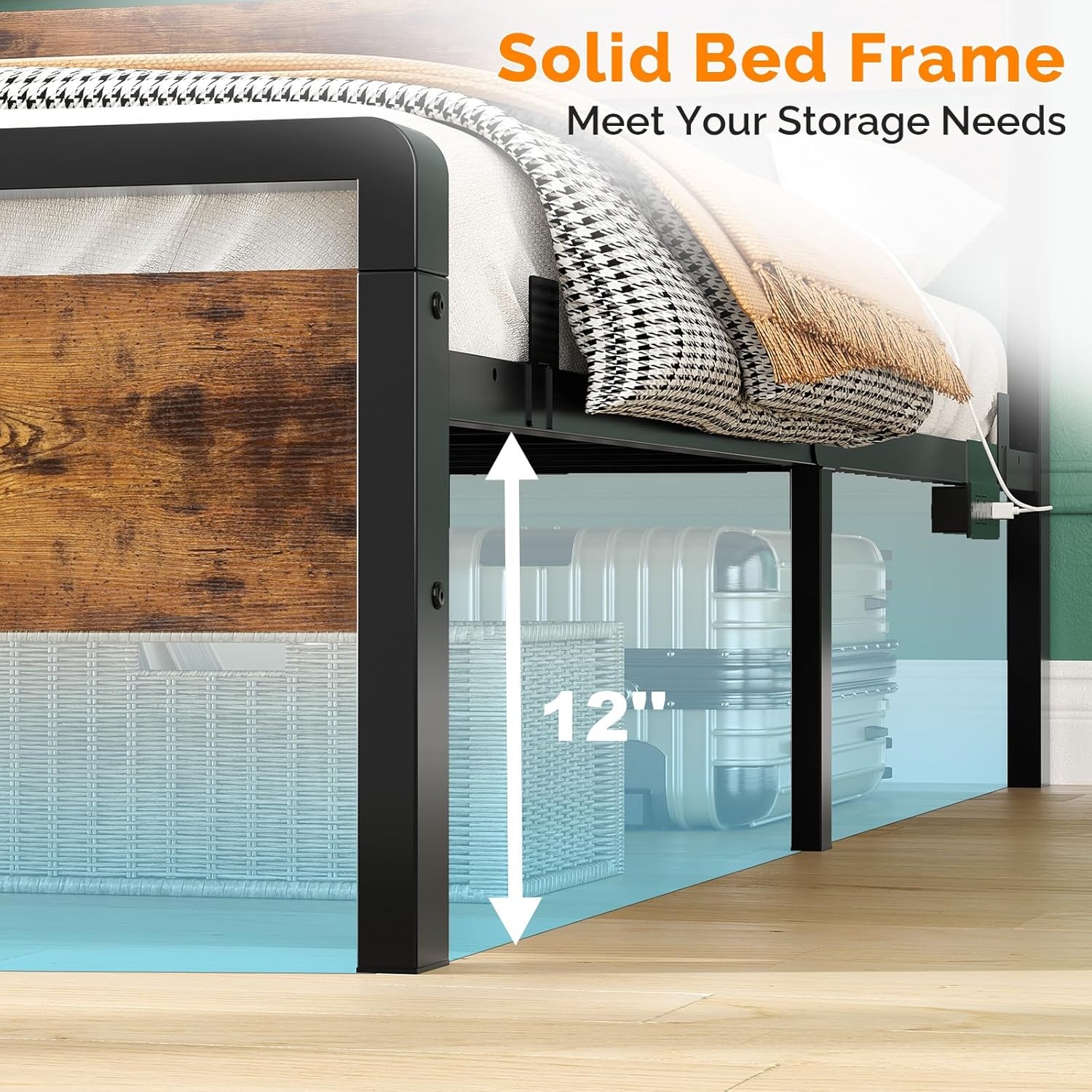 image:imageVINGLI Queen Platform Bed Frame with Wood Headboard amp Footboard 12Inch UnderBed Storage Space LED 2 AC 2 USB 1 TypeC Charging Port Sturdy Metal NoiseFree Design Modern Apartment BedroomBlackIndustrial Brown