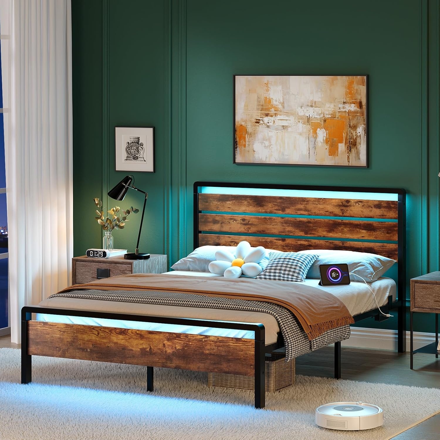 image:imageVINGLI Queen Platform Bed Frame with Wood Headboard amp Footboard 12Inch UnderBed Storage Space LED 2 AC 2 USB 1 TypeC Charging Port Sturdy Metal NoiseFree Design Modern Apartment BedroomBlackIndustrial Brown