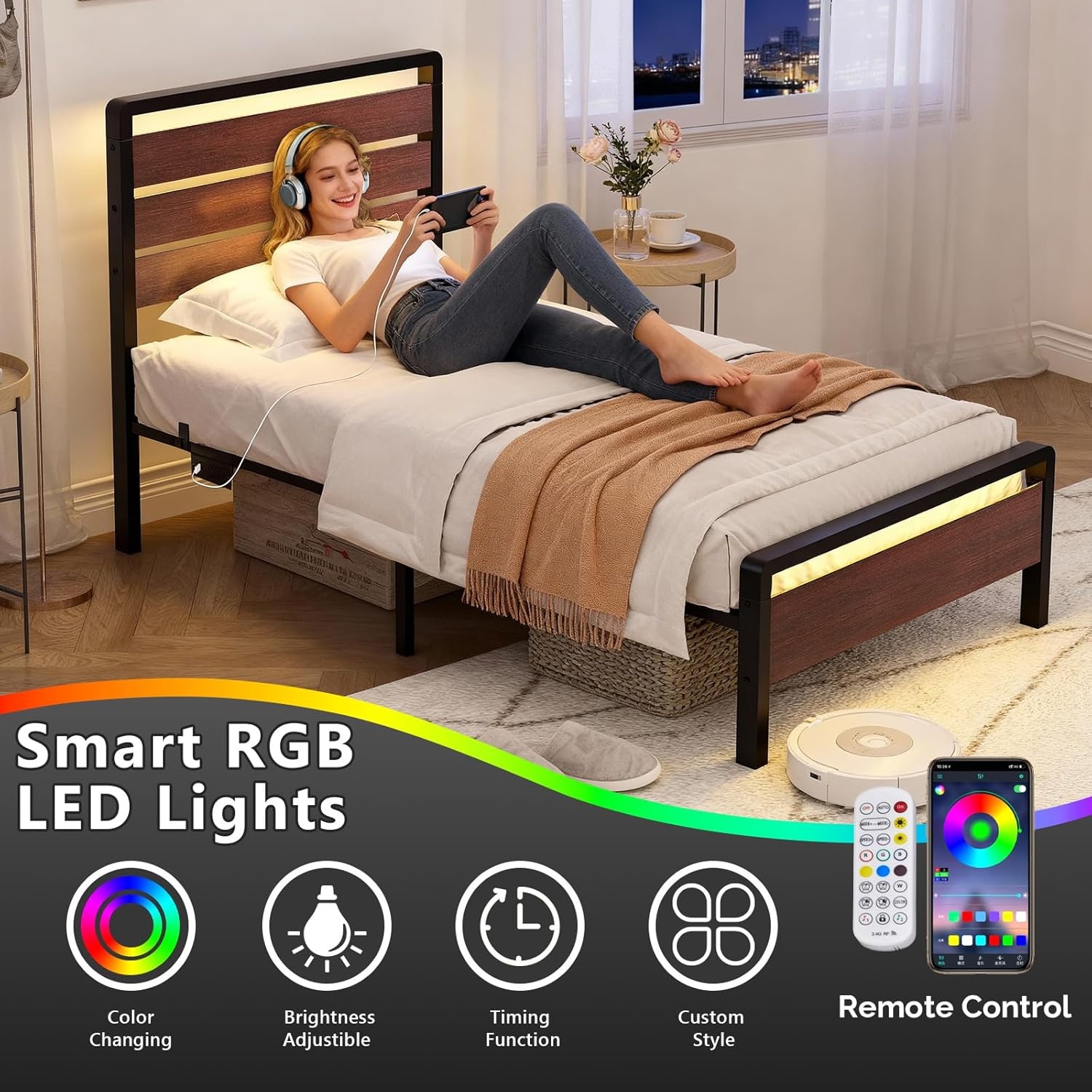 image:imageVINGLI Queen Platform Bed Frame with Wood Headboard amp Footboard 12Inch UnderBed Storage Space LED 2 AC 2 USB 1 TypeC Charging Port Sturdy Metal NoiseFree Design Modern Apartment BedroomBlackMahogany Brown