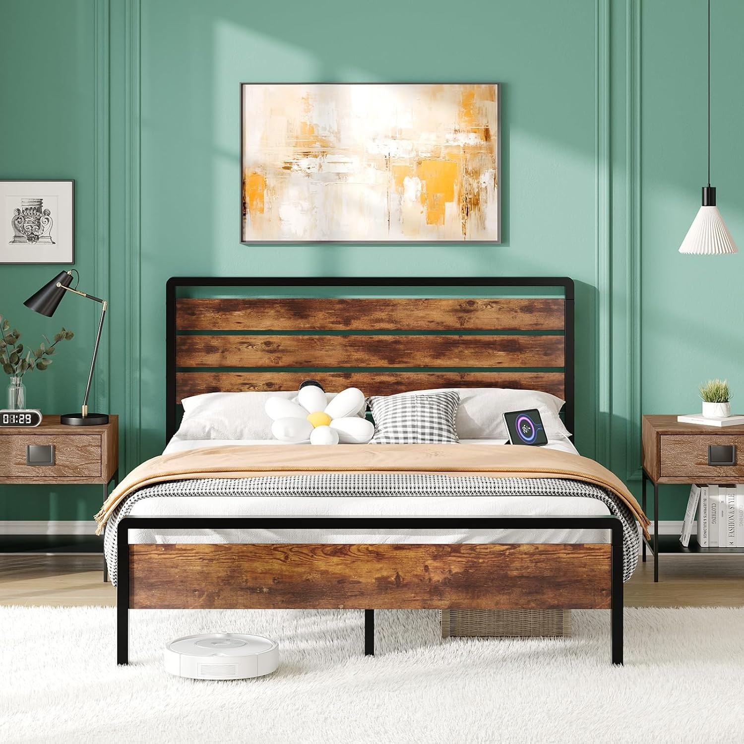 image:imageVINGLI Queen Platform Bed Frame with Wood Headboard amp Footboard 12Inch UnderBed Storage Space LED 2 AC 2 USB 1 TypeC Charging Port Sturdy Metal NoiseFree Design Modern Apartment BedroomBlackIndustrial Brown
