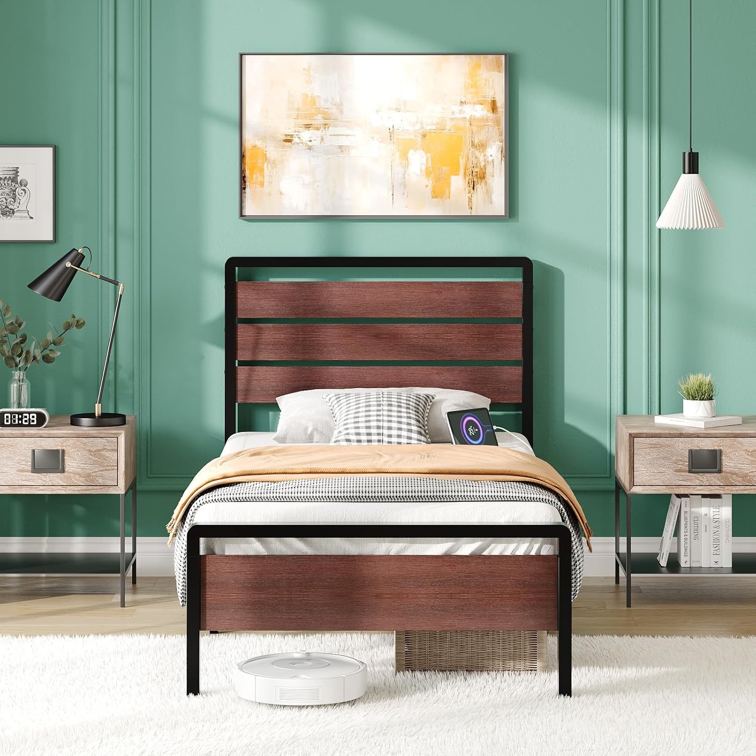image:imageVINGLI Queen Platform Bed Frame with Wood Headboard amp Footboard 12Inch UnderBed Storage Space LED 2 AC 2 USB 1 TypeC Charging Port Sturdy Metal NoiseFree Design Modern Apartment BedroomBlackMahogany Brown
