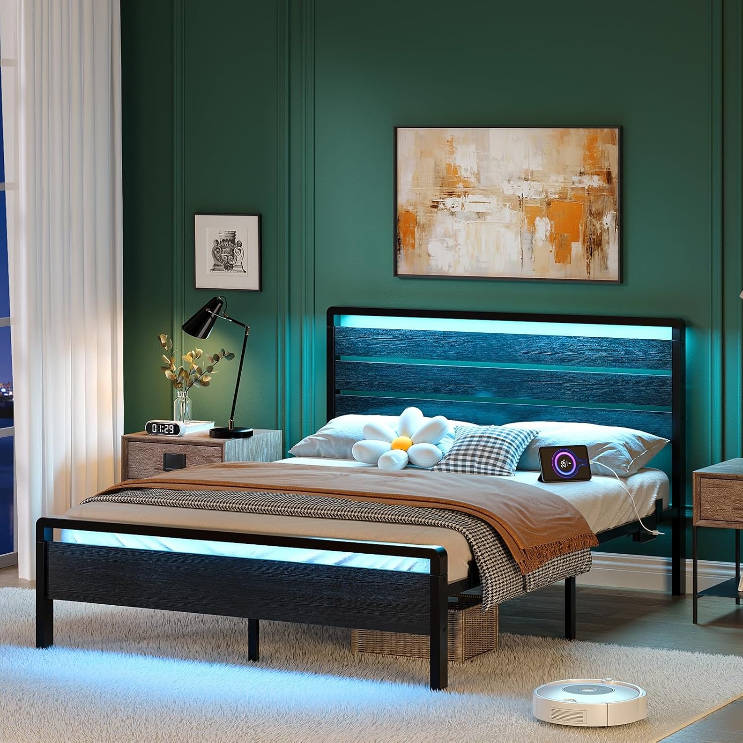 image:imageVINGLI Queen Platform Bed Frame with Wood Headboard amp Footboard 12Inch UnderBed Storage Space LED 2 AC 2 USB 1 TypeC Charging Port Sturdy Metal NoiseFree Design Modern Apartment BedroomBlackBlack