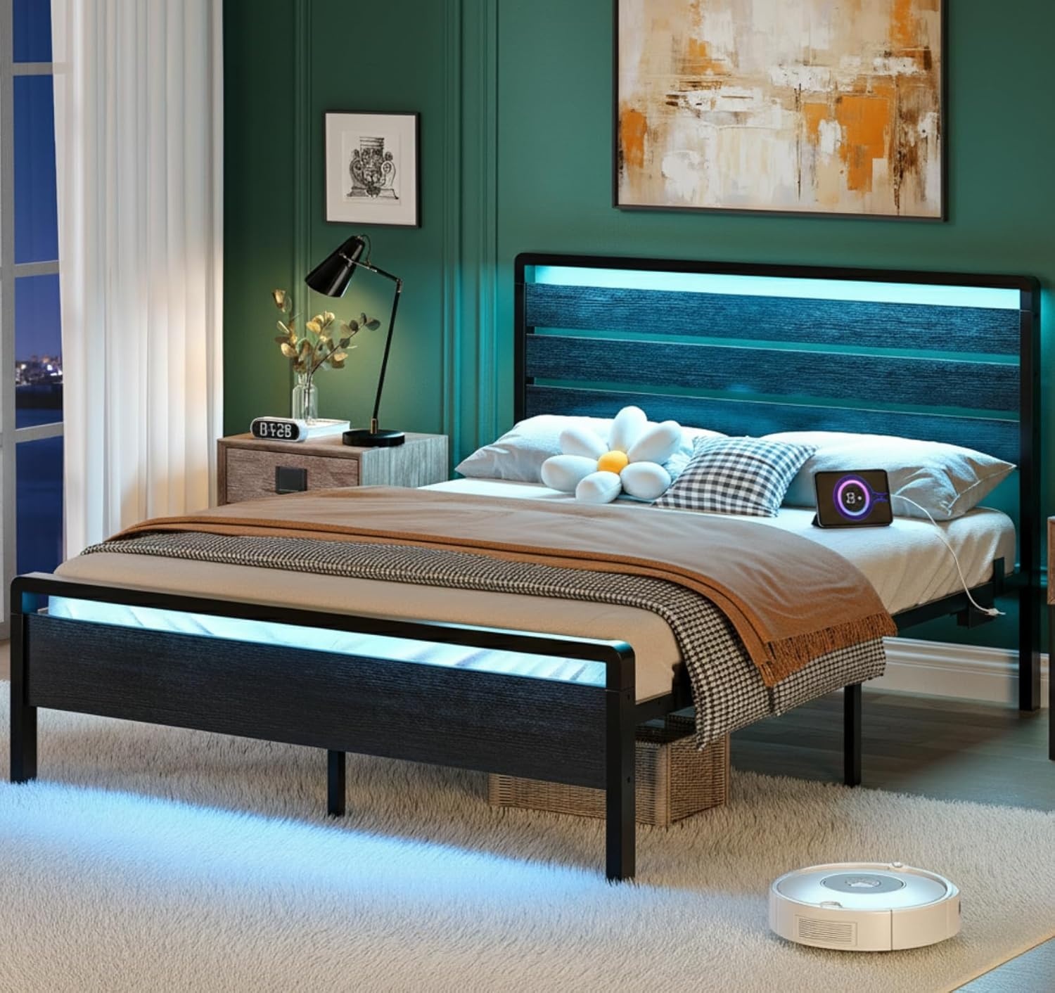 image:imageVINGLI Queen Platform Bed Frame with Wood Headboard amp Footboard 12Inch UnderBed Storage Space LED 2 AC 2 USB 1 TypeC Charging Port Sturdy Metal NoiseFree Design Modern Apartment BedroomBlackBlack
