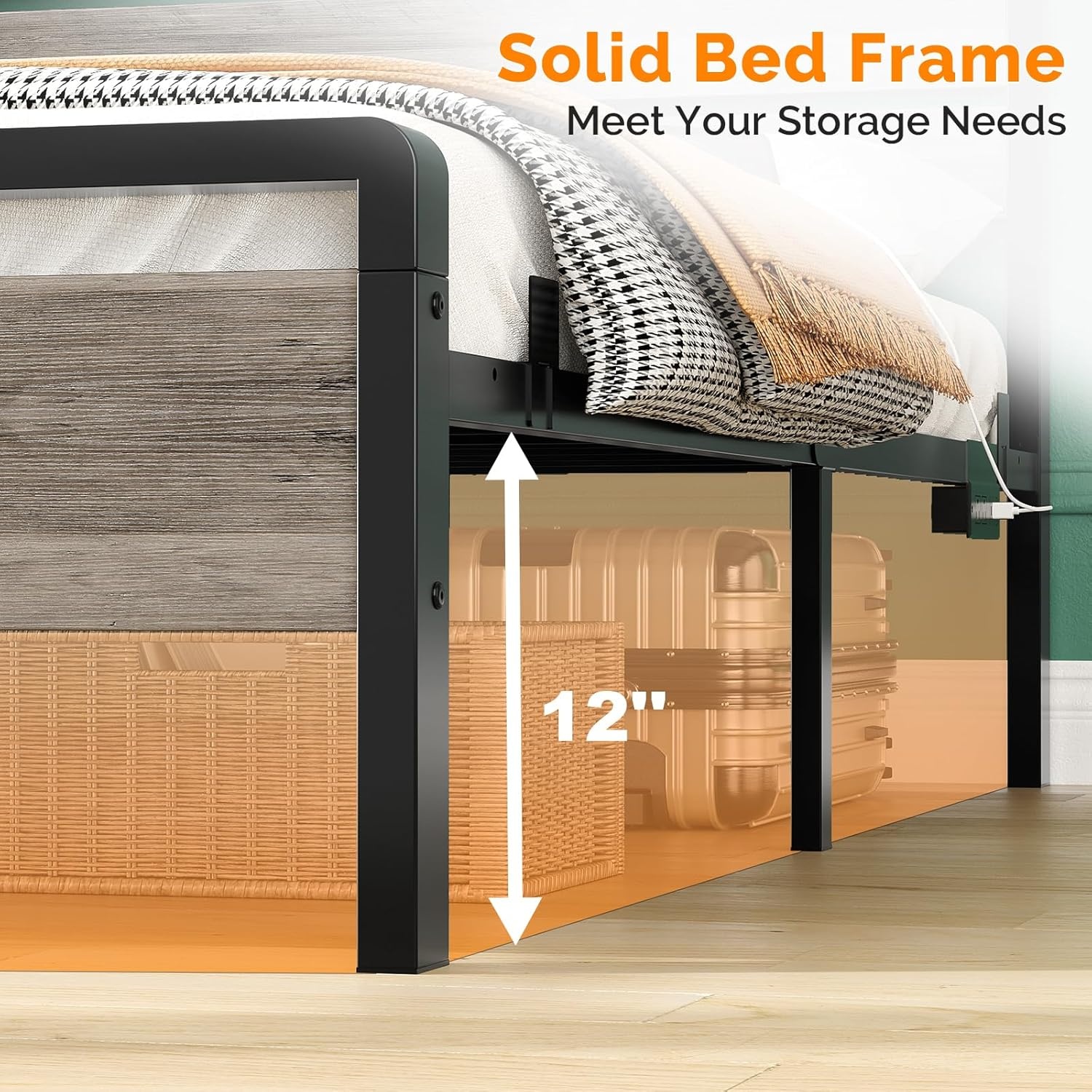 image:imageVINGLI Queen Platform Bed Frame with Wood Headboard amp Footboard 12Inch UnderBed Storage Space LED 2 AC 2 USB 1 TypeC Charging Port Sturdy Metal NoiseFree Design Modern Apartment BedroomBlackWash Gray