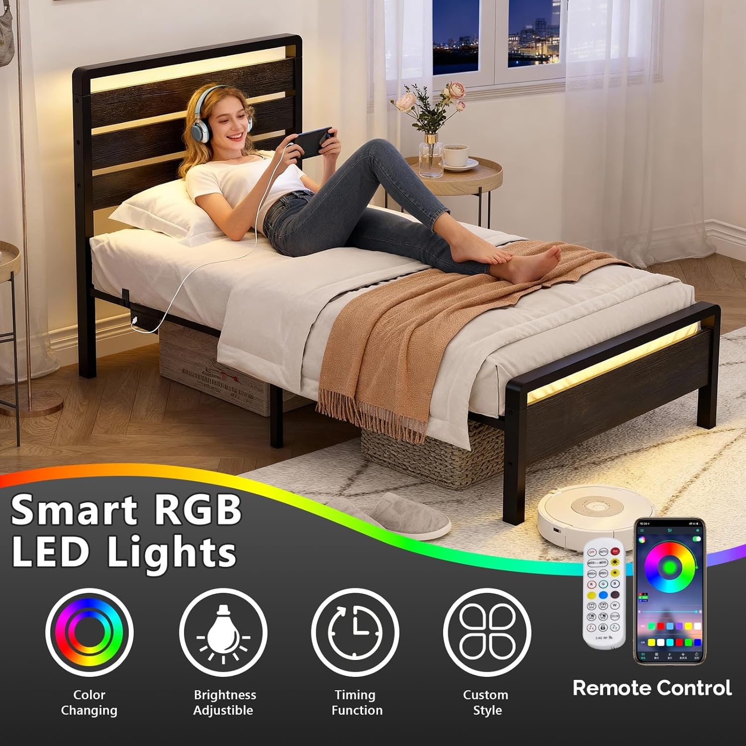 image:imageVINGLI Queen Platform Bed Frame with Wood Headboard amp Footboard 12Inch UnderBed Storage Space LED 2 AC 2 USB 1 TypeC Charging Port Sturdy Metal NoiseFree Design Modern Apartment BedroomBlackBlack