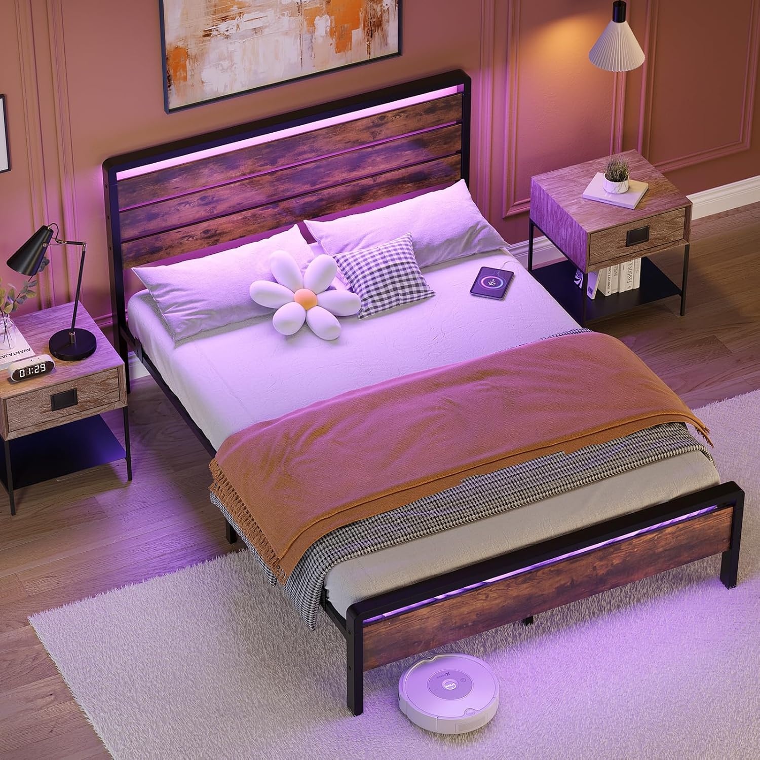 image:imageVINGLI Queen Platform Bed Frame with Wood Headboard amp Footboard 12Inch UnderBed Storage Space LED 2 AC 2 USB 1 TypeC Charging Port Sturdy Metal NoiseFree Design Modern Apartment BedroomBlackIndustrial Brown