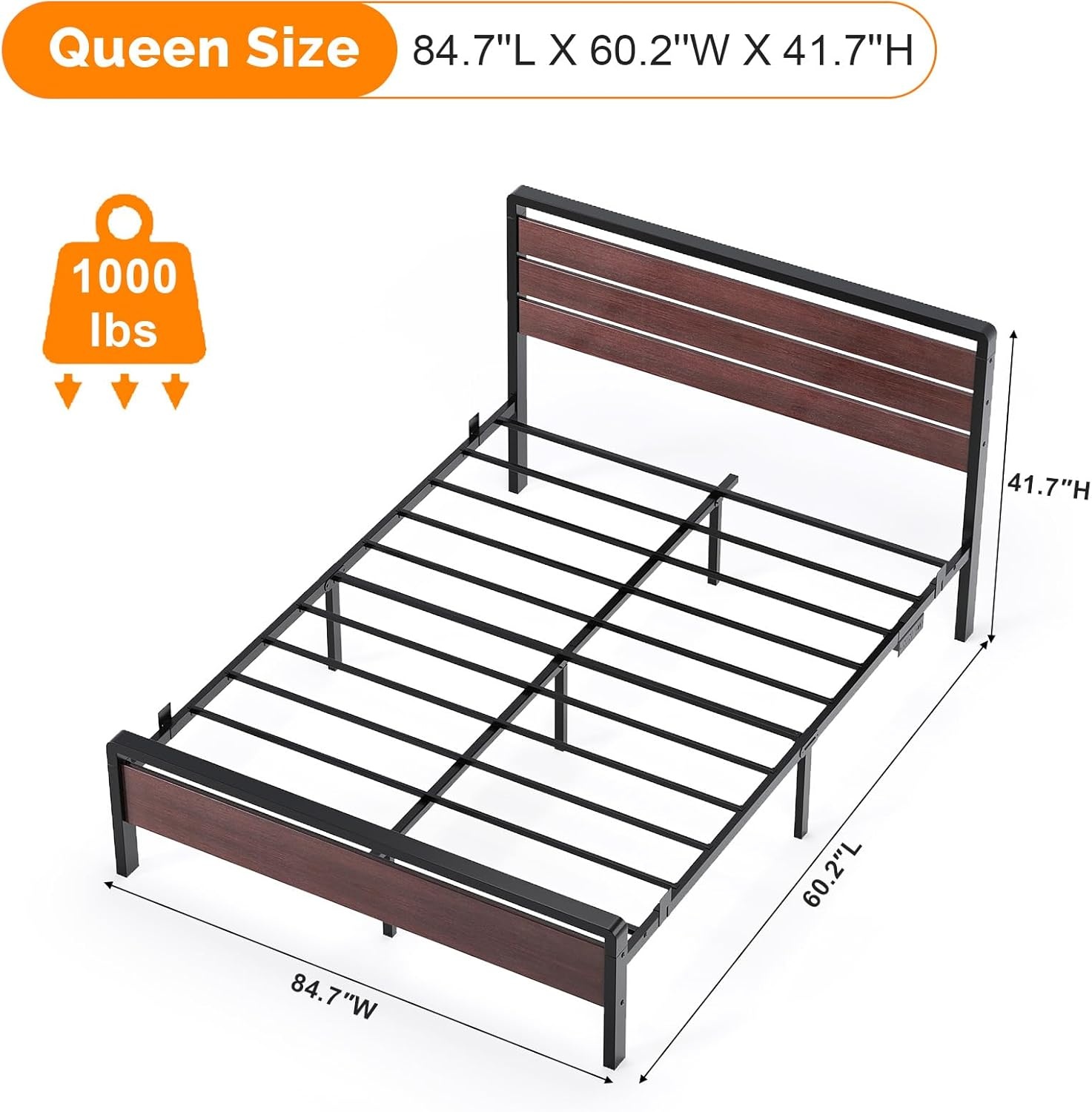 image:imageVINGLI Queen Platform Bed Frame with Wood Headboard amp Footboard 12Inch UnderBed Storage Space LED 2 AC 2 USB 1 TypeC Charging Port Sturdy Metal NoiseFree Design Modern Apartment BedroomBlackMahogany Brown