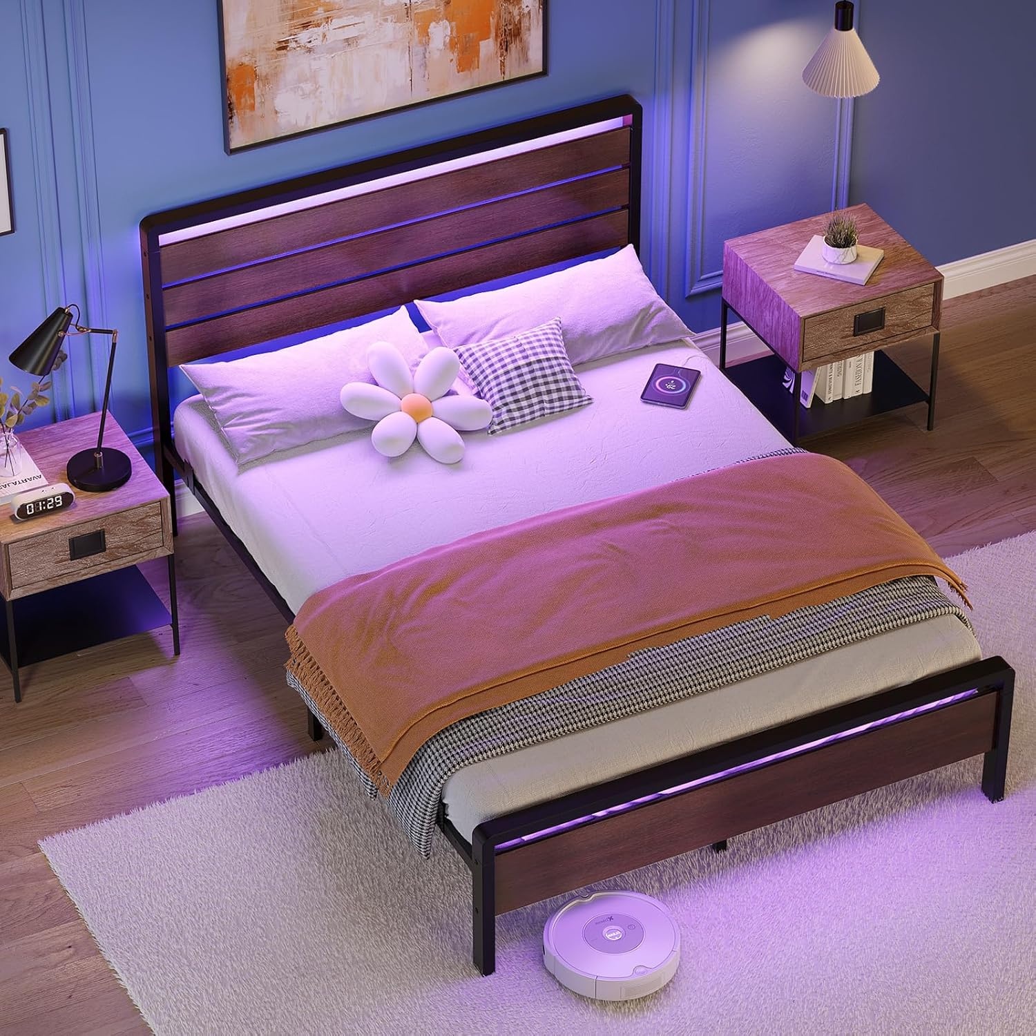 image:imageVINGLI Queen Platform Bed Frame with Wood Headboard amp Footboard 12Inch UnderBed Storage Space LED 2 AC 2 USB 1 TypeC Charging Port Sturdy Metal NoiseFree Design Modern Apartment BedroomBlackMahogany Brown