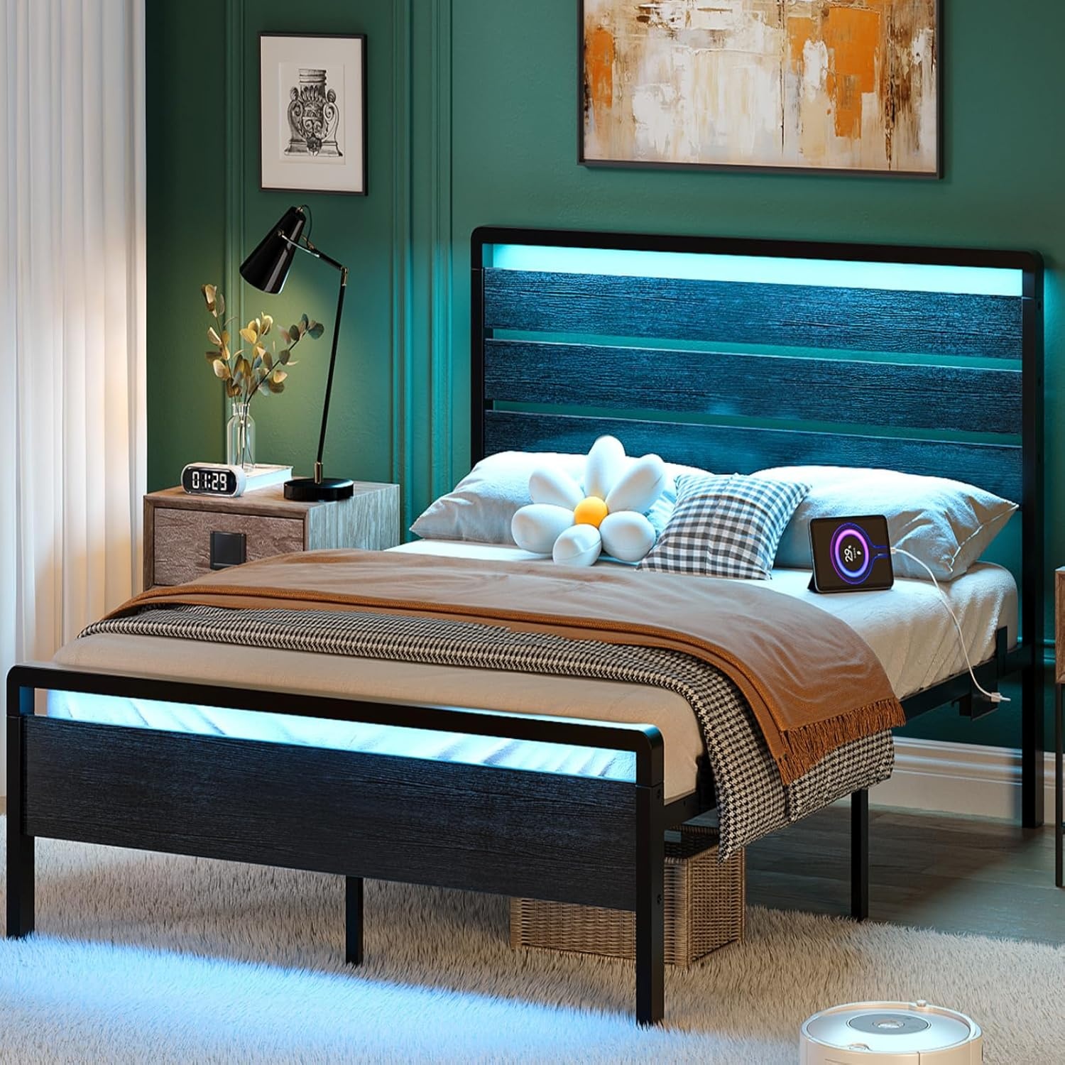 image:imageVINGLI Queen Platform Bed Frame with Wood Headboard amp Footboard 12Inch UnderBed Storage Space LED 2 AC 2 USB 1 TypeC Charging Port Sturdy Metal NoiseFree Design Modern Apartment BedroomBlackBlack