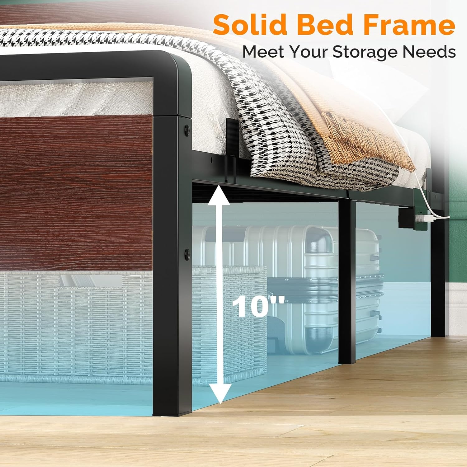 image:imageVINGLI Queen Platform Bed Frame with Wood Headboard amp Footboard 12Inch UnderBed Storage Space LED 2 AC 2 USB 1 TypeC Charging Port Sturdy Metal NoiseFree Design Modern Apartment BedroomBlackMahogany Brown