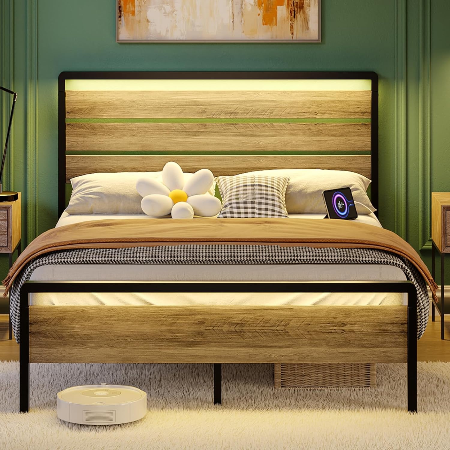 image:imageVINGLI Queen Platform Bed Frame with Wood Headboard amp Footboard 12Inch UnderBed Storage Space LED 2 AC 2 USB 1 TypeC Charging Port Sturdy Metal NoiseFree Design Modern Apartment BedroomBlackWash Gray