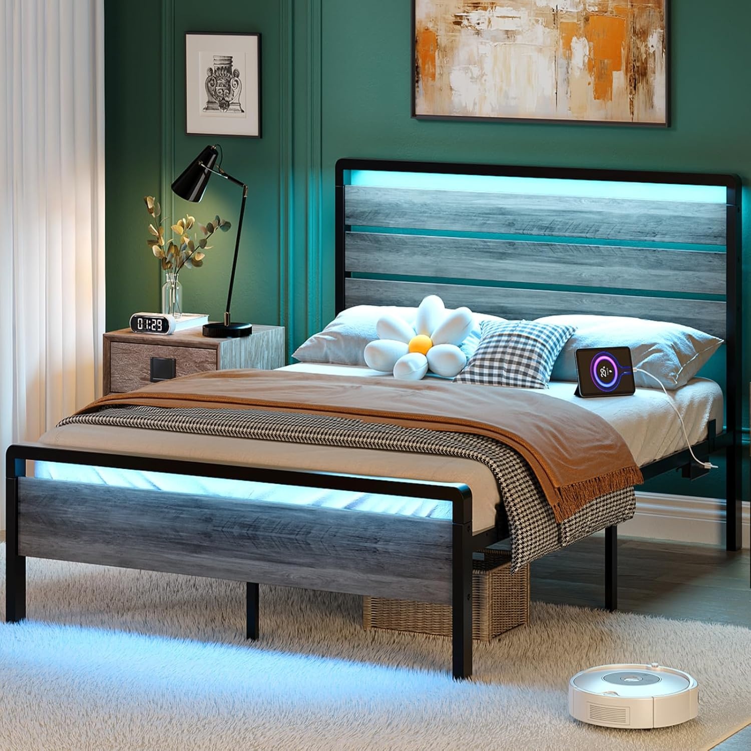 image:imageVINGLI Queen Platform Bed Frame with Wood Headboard amp Footboard 12Inch UnderBed Storage Space LED 2 AC 2 USB 1 TypeC Charging Port Sturdy Metal NoiseFree Design Modern Apartment BedroomBlackWash Gray