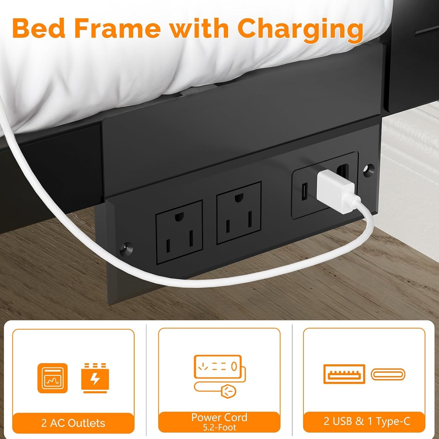image:imageVINGLI Queen Platform Bed Frame with Wood Headboard amp Footboard 12Inch UnderBed Storage Space LED 2 AC 2 USB 1 TypeC Charging Port Sturdy Metal NoiseFree Design Modern Apartment BedroomBlackBlack