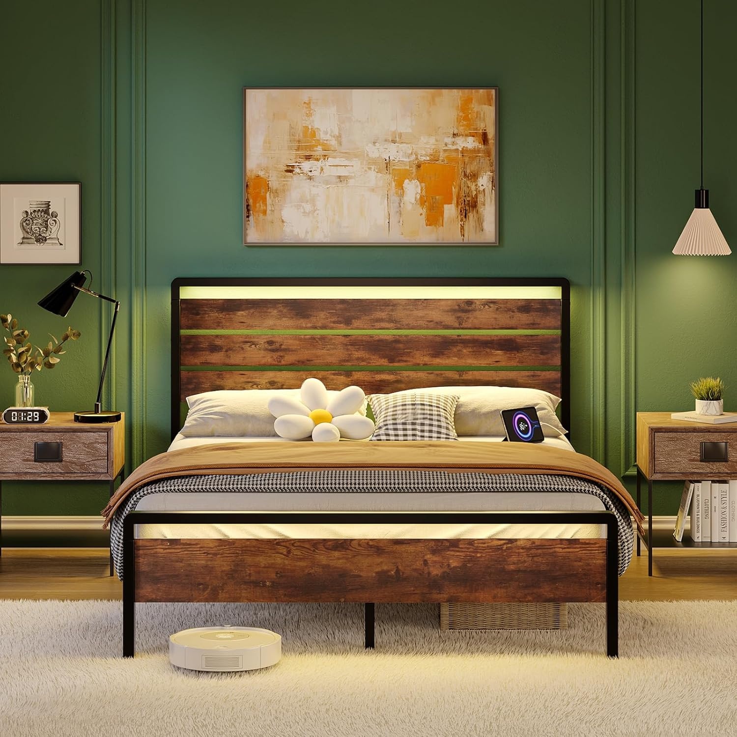 image:imageVINGLI Queen Platform Bed Frame with Wood Headboard amp Footboard 12Inch UnderBed Storage Space LED 2 AC 2 USB 1 TypeC Charging Port Sturdy Metal NoiseFree Design Modern Apartment BedroomBlackIndustrial Brown