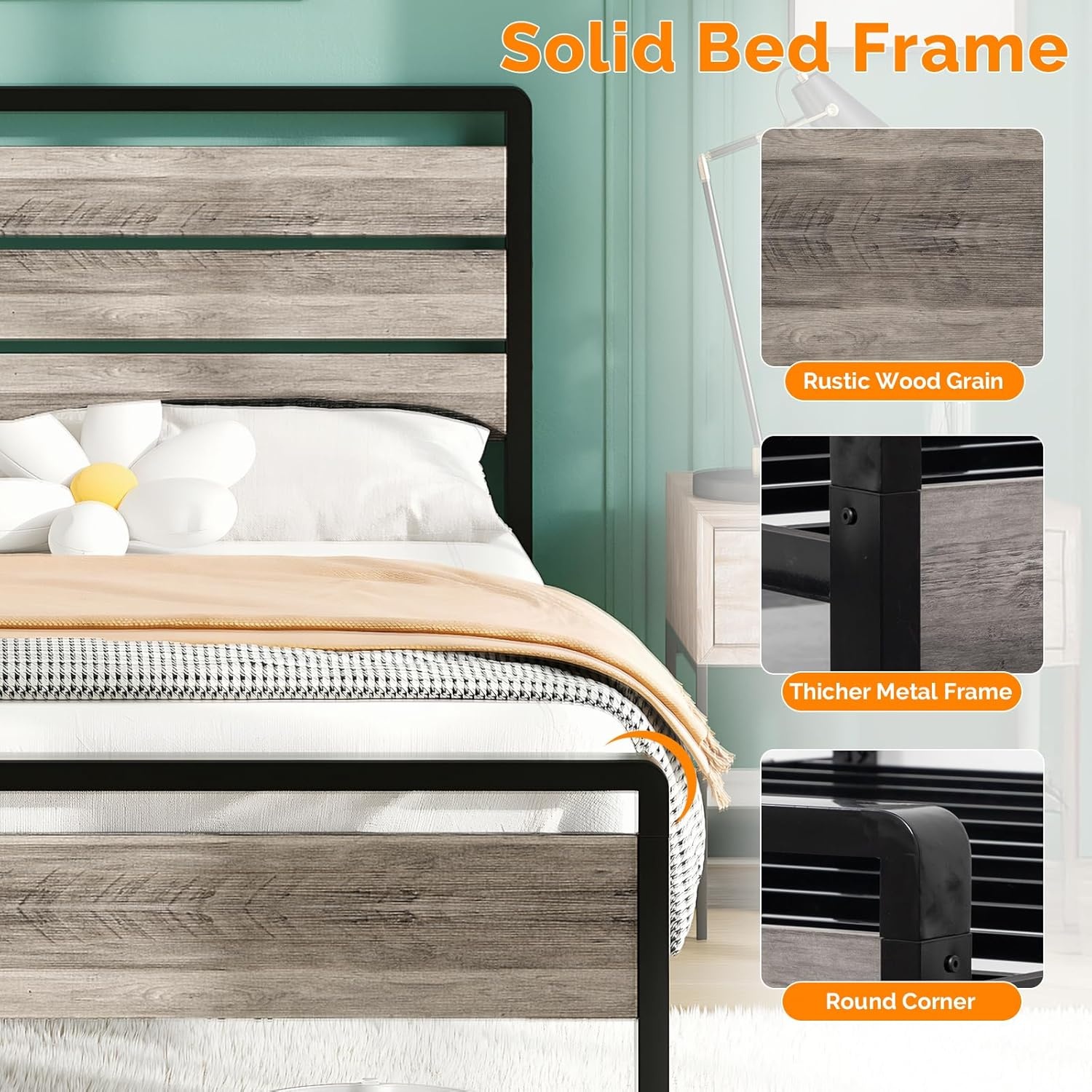 image:imageVINGLI Queen Platform Bed Frame with Wood Headboard amp Footboard 12Inch UnderBed Storage Space LED 2 AC 2 USB 1 TypeC Charging Port Sturdy Metal NoiseFree Design Modern Apartment BedroomBlackWash Gray