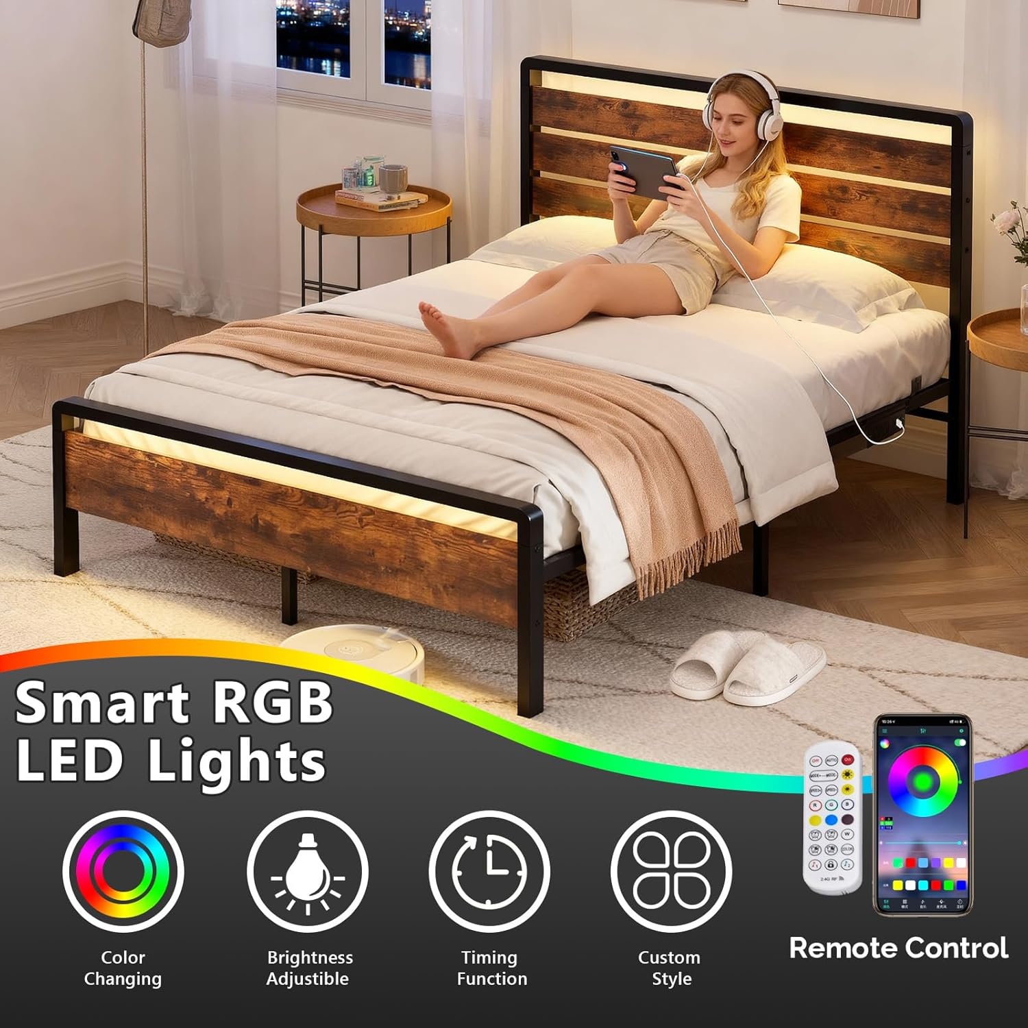 image:imageVINGLI Queen Platform Bed Frame with Wood Headboard amp Footboard 12Inch UnderBed Storage Space LED 2 AC 2 USB 1 TypeC Charging Port Sturdy Metal NoiseFree Design Modern Apartment BedroomBlackIndustrial Brown