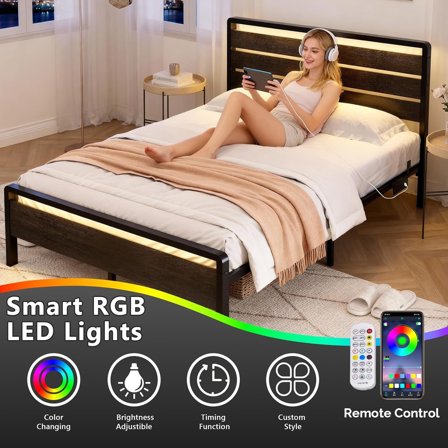 image:imageVINGLI Queen Platform Bed Frame with Wood Headboard amp Footboard 12Inch UnderBed Storage Space LED 2 AC 2 USB 1 TypeC Charging Port Sturdy Metal NoiseFree Design Modern Apartment BedroomBlackClassic Black