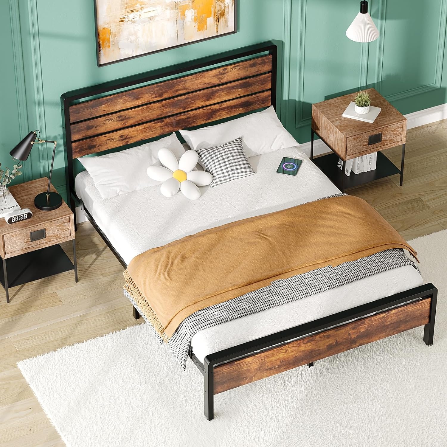 image:imageVINGLI Queen Platform Bed Frame with Wood Headboard amp Footboard 12Inch UnderBed Storage Space LED 2 AC 2 USB 1 TypeC Charging Port Sturdy Metal NoiseFree Design Modern Apartment BedroomBlackIndustrial Brown